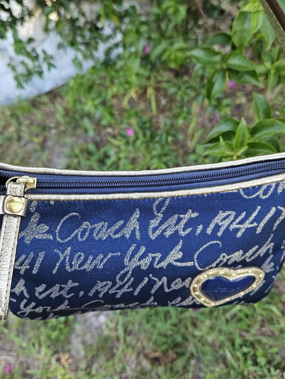 Coach Blue Graffiti Heart Demi Hobo Canvas Gold Leather Shoulder Bag